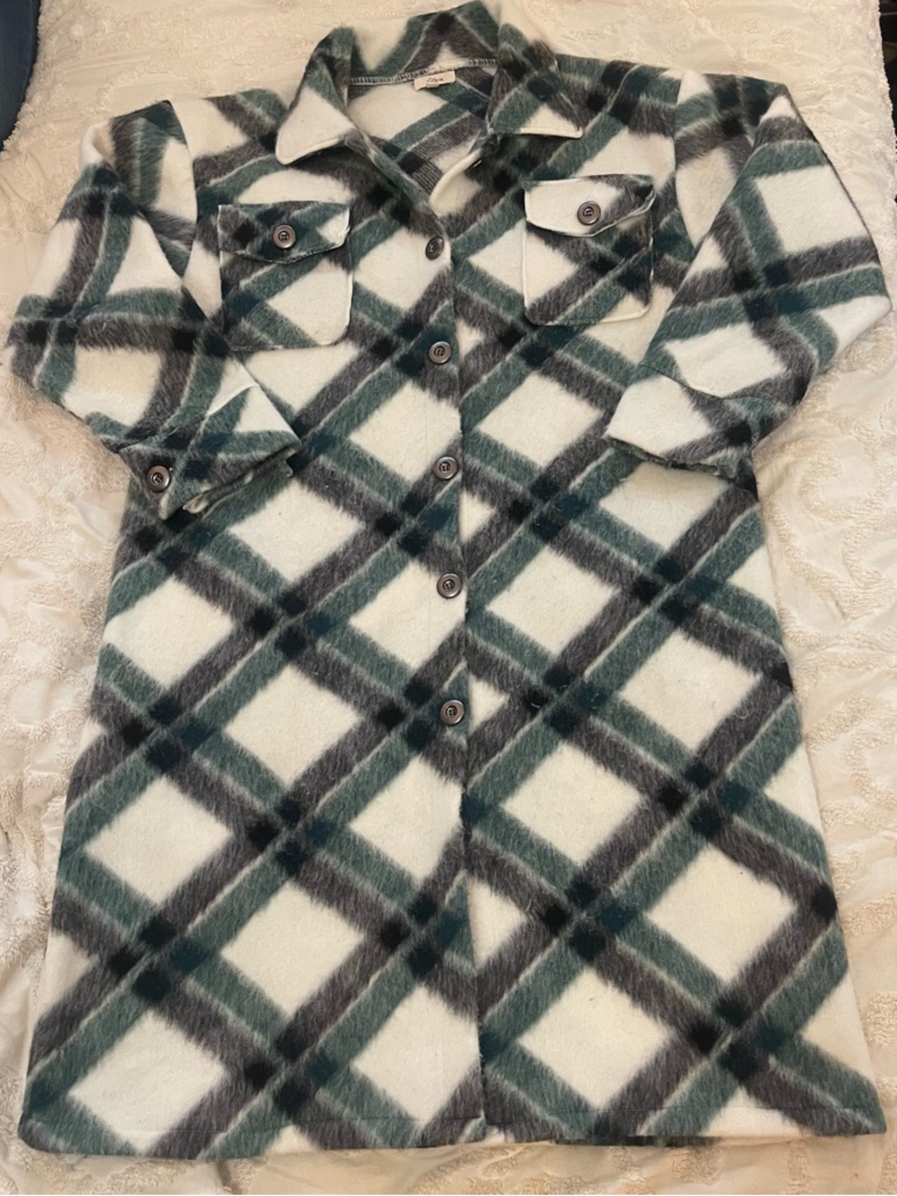 Elan White, Green & Gray Plaid Button-Front Trench Coat